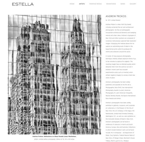 A selection of Andrew Prokos's large-scale fine art photographs of architecture and cityscapes will be on display at Gallery Estella in New Orleans beginning in January 2022. The selected works complement the gallery's already impressive roster of acclaimed international artists.