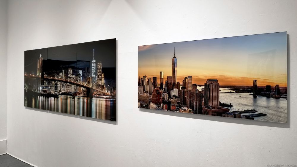 A sixty inch photo of 'Panoramic View of World Trade Center and Hudson River at Sunset' with an acrylic float mount on display at Andrew Prokos Gallery, New York City