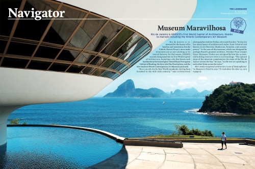 An article in the January 2020 issue of United Airlines Hemispheres Magazine featuring photography of MAC Niteroi museum by photographer Andrew Prokos