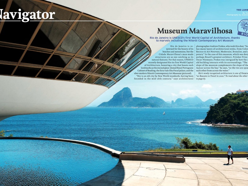 An article in the January 2020 issue of United Airlines Hemispheres Magazine featuring photography of MAC Niteroi museum by photographer Andrew Prokos