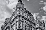 A wide angle black and white architectural photo of the Ansonia building on Manhattan's Upper West Side, New York City