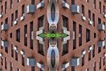 A large-scale abstract photograph capturing the repeated shapes and patterns of a classic architectural facade in New York City in tones of brick red, grey, and silver. Limited edition gallery prints of this photo are available up to 120 inches in height.