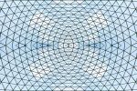 An architectural abstract photograph capturing the converging lines of a glass and metal mesh canopy and the blue sky beyond. Large-scale limited edition prints of this photo are available up to 96 inches in height.