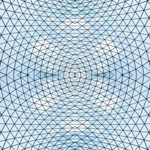 An architectural abstract photograph capturing the converging lines of a glass and metal mesh canopy and the blue sky beyond. Large-scale limited edition prints of this photo are available up to 96 inches in height.