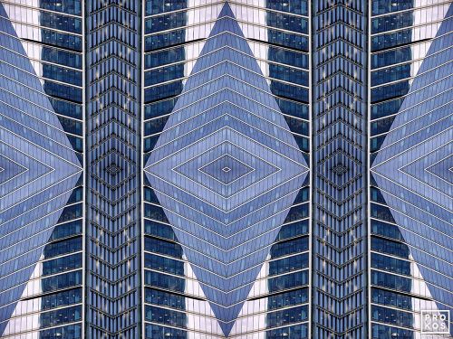 An abstract photograph composed of reflected views of a contemporary architectural facade and rows of windows in London, UK. Large-scale limited edition prints of this photo are available up to 96 inches in width.