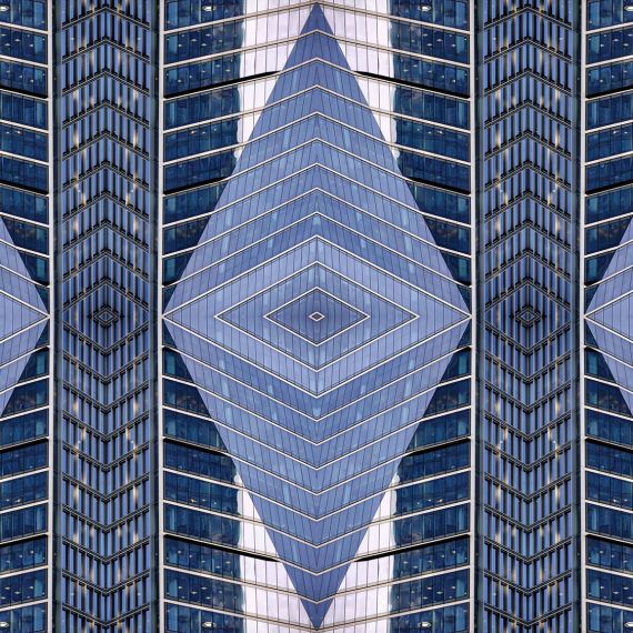 An abstract photograph based on a wide-angle view of a contemporary architectural facade and rows of windows in London. Large-scale limited edition prints of this photo are available up to 96 inches in width.