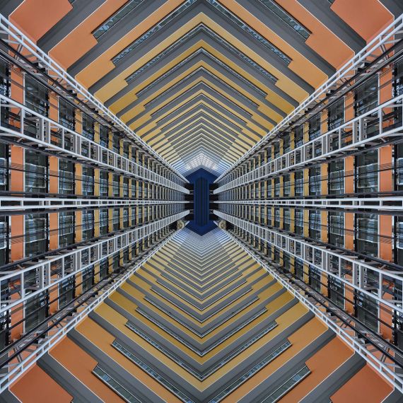 A surrealistic upward-looking view of a modernist building atrium from Andrew's Archistracts series of architectural abstract photographs. Large-scale limited edition prints of this photograph are available up to 96 inches in width and framed in various wood, metal, and acrylic styles.