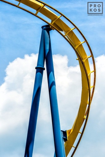 A view of the Batman rollercoaster, from the fine art architectural photo series "The Architecture of Amusement" by photographer Andrew Prokos
