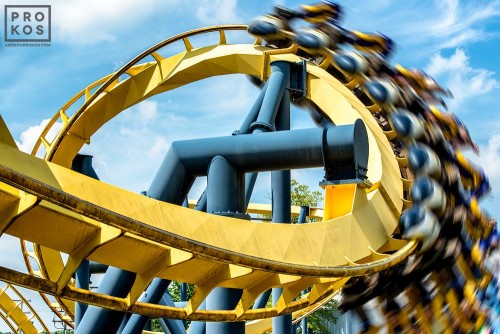 A view of the Batman rollercoaster, from the fine art architectural photo series "The Architecture of Amusement"