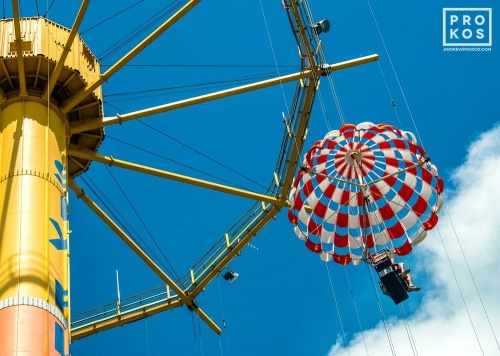 A view of the Parachute Drop amusement park ride, from the fine art architectural photo series "The Architecture of Amusement"