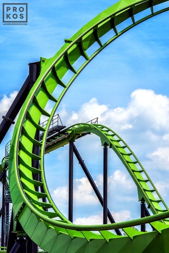 A detailed view of the Green Lantern rollercoaster from the series "The Architecture of Amusement", which captures the architecture found in amusement parks.