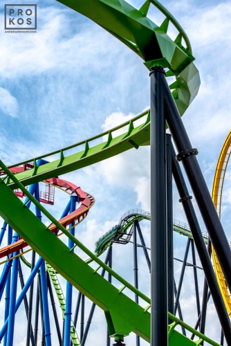 A view of the Green Lantern rollercoaster, from the fine art architectural photo series "The Architecture of Amusement"