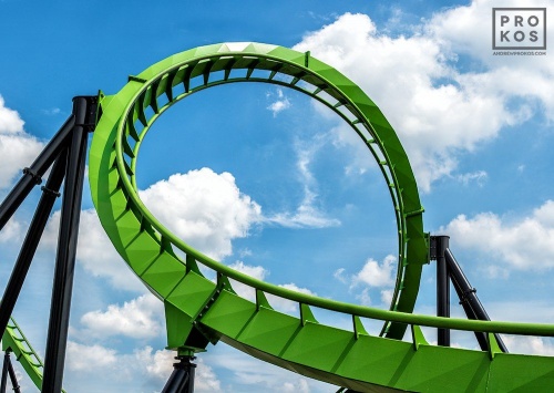 A view of the Green Lantern rollercoaster, from the fine art architectural photo series "The Architecture of Amusement"