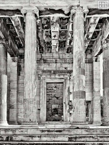 A black and white fine art photograph of the naos from the Erechtheion at the Acropolis of Athens, Greece