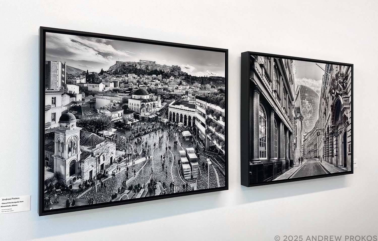 Two 24x30 inch framed black and white photos of Athens and London by fine art photographer Andrew Prokos installed at the Lumina Foundation in Indianapolis