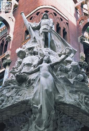 An ornate sculpture group on the facade of the Palau de la Musica Catalana in Barcelona, Spain. Fine art prints of this photo are available framed in various sizes. 