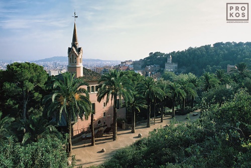 A view of Casa Gaudi, situated in Parc Guell, Barcelona, Spain. Fine art prints of this photo are available framed in various sizes, please inquire. 