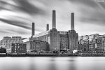 A black and white view of Battersea Power Station and the Thames River captured with a six minute long exposure time, London, United Kingdom. Limited-edition fine art prints of this photo are available up to 80 inches in width.
