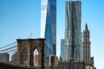 An ultra high-definition view of the Brooklyn Bridge and the skyscrapers of Lower Manhattan, including 1 World Trade Center and 8 Spruce Street during the day. Large-format prints of this photo are available up to 72 inches in height. 
