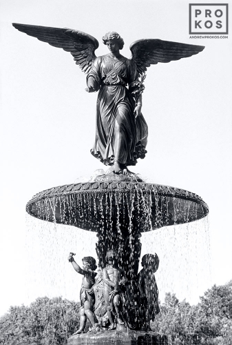 A fine art photo of the Angel Fountain at Bethesda Terrace in New York's Central Park in black and white
