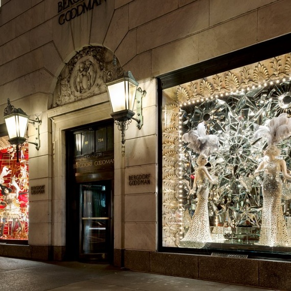 A street scene of a couple looking at the Christmas windows at Bergdorf Goodman on New York's Fifth Avenue at night. Limited edition fine art prints of this photo are available up to 50 inches in width and framed in various wood, metal and acrylic styles. 