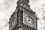 A black and white close-up view of Big Ben tower, London, United Kingdom. Limited edition fine art prints of this photo are available up to 96 inches in height and framed in various wood, metal and acrylic styles.