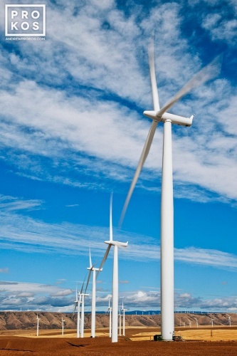 A landscape photo of a row of wind turbines in motion at the Biglow Canyon, Oregon wind farm