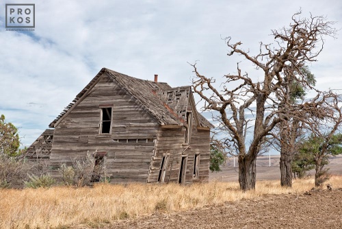 A color landscape photo of an abandoned farmhouse found in Biglow Canyon, Oregon.