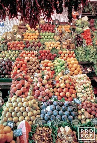 A fruit stand in Barcelona's famous Boqueria Market, Spain. Framed fine art prints of this photo are available in various sizes.