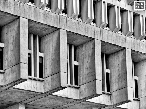 A black and white architectural photograph of the brutalist facade of Boston's City Hall building by photographer Andrew Prokos. Limited edition prints of this photo are available up to 72 inches in width