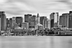 A black and white high-definition skyline of Boston, Massachusetts captured with a six minute long-exposure time by photographer Andrew Prokos