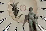 An architectural interior photo of the Cathedral of Brasilia with suspended angel statues
