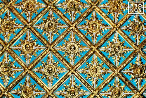A view of the gilded ceiling in the Gold Room at the Breakers Hotel, Palm Beach, Florida