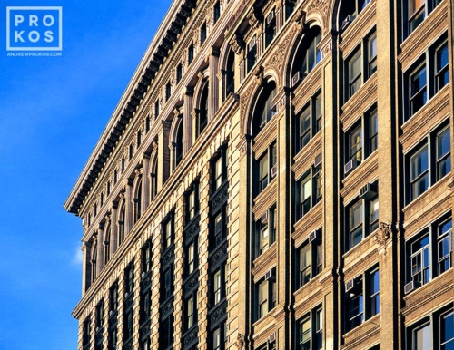 The facades of buildings along Broadway in Downtown Manhattan in color, New York City