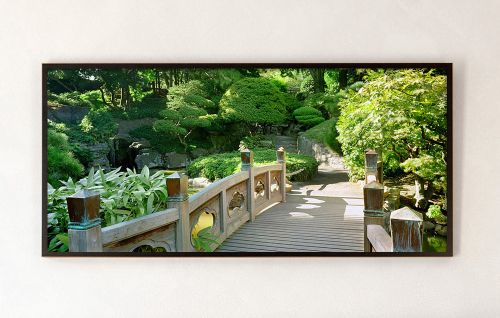 A framed landscape photograph of the Japanese Bridge at Brooklyn Botanic Garden, by photographer Andrew Prokos