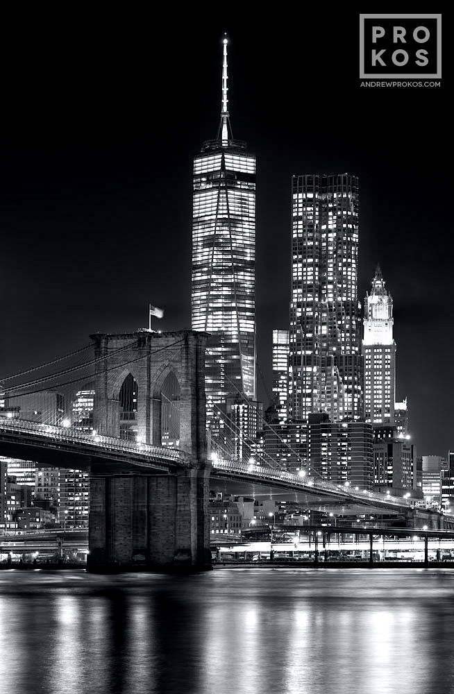 Brooklyn Bridge And Lower Manhattan Skyscrapers At Night - B&W Photo ...