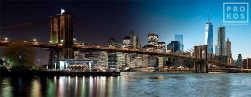 An ultra-high-definition panoramic skyline photo of the Brooklyn Bridge and Manhattan transitioning from day to night, from Andrew's 'Night & Day' series.