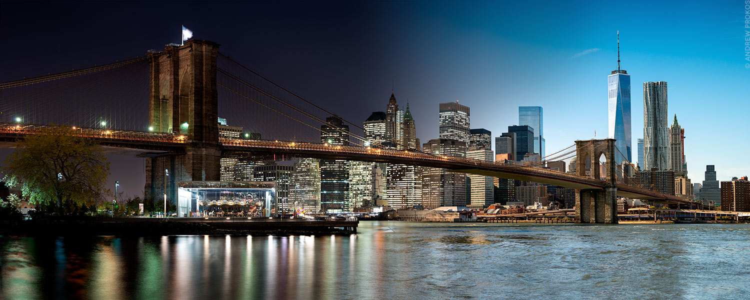 A panoramic skyline photo of the Brooklyn Bridge and Manhattan transitioning from day to night, from Andrew's Prokos's photography series 'Night & Day'.