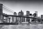 A large-format panoramic fine art photograph of the Brooklyn Bridge and Lower Manhattan skyline in black and white, New York City
