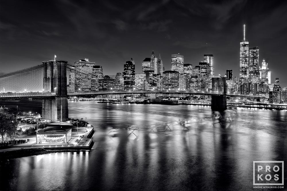 Brooklyn Bridge Lower Manhattan Skyline At Night Framed Black White