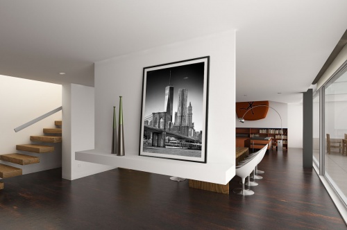 Brooklyn Bridge World Trade Center Contemporary Framed Black and White Photograph by Andrew Prokos
