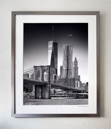 Brooklyn Bridge and Lower Manhattan Skyscrapers - 36x30 inch limited edition print in gunmetal grey solid wood frame and 8-ply archival mat