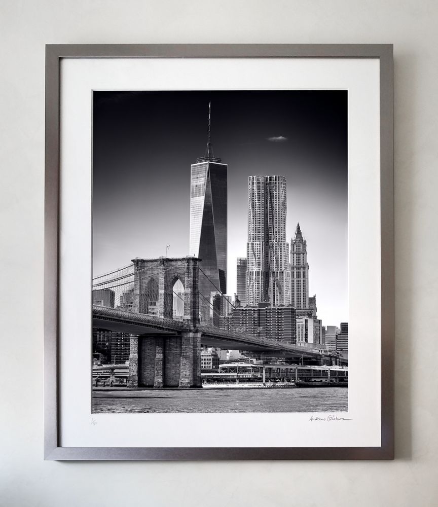 Brooklyn Bridge and Lower Manhattan Skyscrapers - 36x30 inch limited edition print in gunmetal grey solid wood frame and 8-ply archival mat