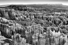 A black and white panoramic landscape of Bryce Canyon National Park in Utah as seen from Sunset Point. Framed fine art prints of this photo are available up to 120 inches wide.