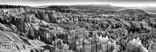A black and white panoramic landscape of Bryce Canyon National Park in Utah as seen from Sunset Point. Framed fine art prints of this photo are available up to 120 inches wide.
