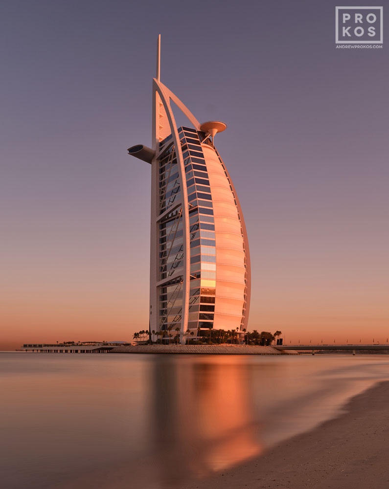 A five minute long-exposure photo of the Burj al Arab tower taken at dawn, Dubai, United Arab Emirates. Fine art prints of this photo are available up to 60" in height and framed in various wood, metal, and acrylic styles.