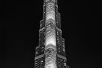 A view of the Burj Khalifa tower at night, Dubai, UAE. Black and white fine art prints of this photo are available up to 80 inches in height.