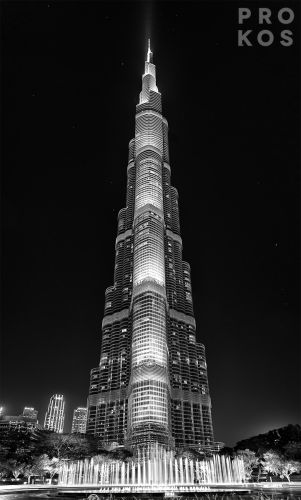 A view of the Burj Khalifa tower at night, Dubai, UAE. Black and white fine art prints of this photo are available up to 80 inches in height.