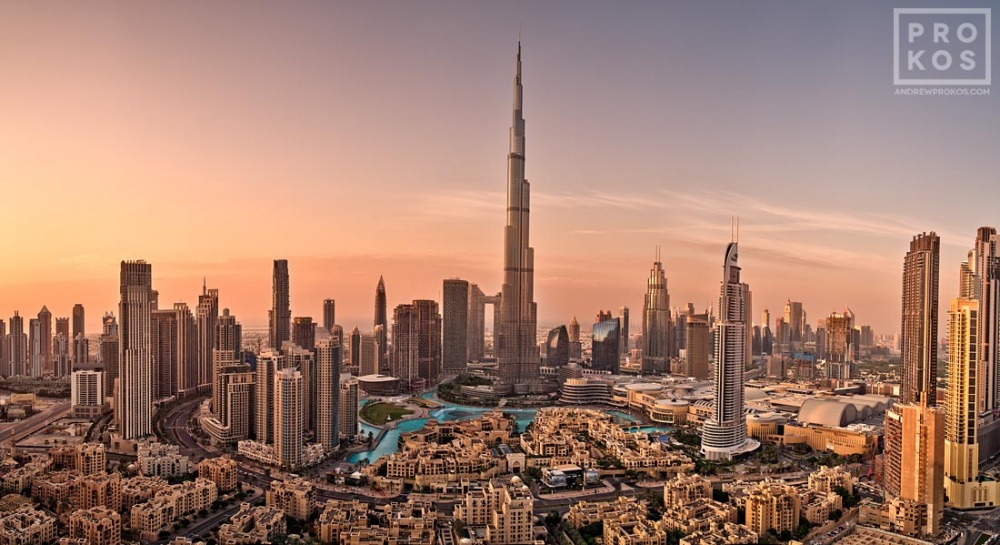 An ultra high-definition city view photo of the Burj Khalifa and Dubai at sunset, United Arab Emirates. Fine art prints of this photo are available up to 90 inches in width.