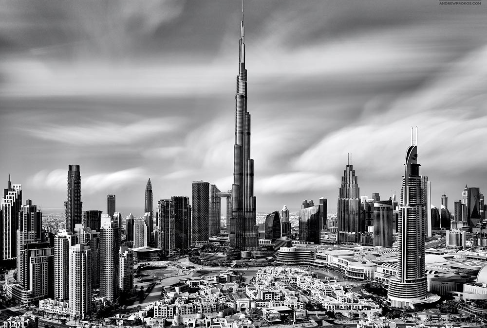 Burj Khalifa and Dubai Skyline at Night - Fine Art Photo by Andrew Prokos